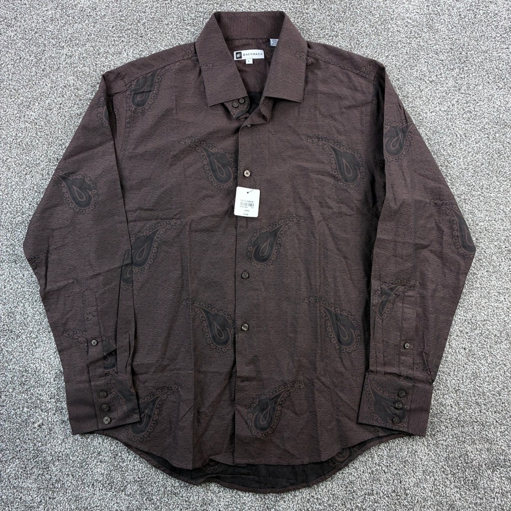 NWT Bachrach Dress Shirt Mens Large Brown Paisley Print Long Sleeve Button